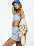 Grey matching set Quilted material Crop top Fixed straps Invisible zip fastening at side High waisted shorts Elasticated waistband