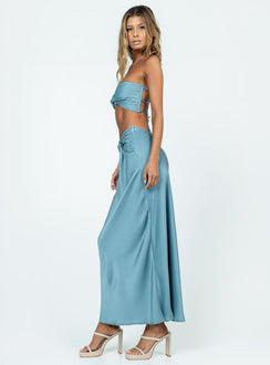 Blue matching set Crop top  Pleated bust  Inner silicon strip  Back tie fastening  High waisted maxi skirt  Pleated waistband  Invisible zip fastening at side 