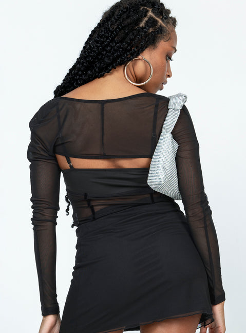 back view of model wearing Princess Polly Ashmore Long Sleeve Bodysuit Black Full Sleeves Sweetheart 