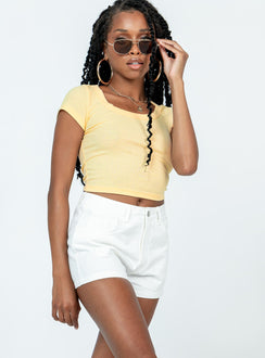 White shorts Lightweight material High waisted Belt looped waist Three pocket design Zip and button fastening