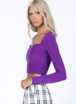 side view of model wearing Princess Polly Alima Long Sleeve Top Purple 