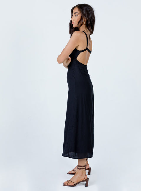 side view of model wearing Princess Polly Georgia Midi Dress Black 