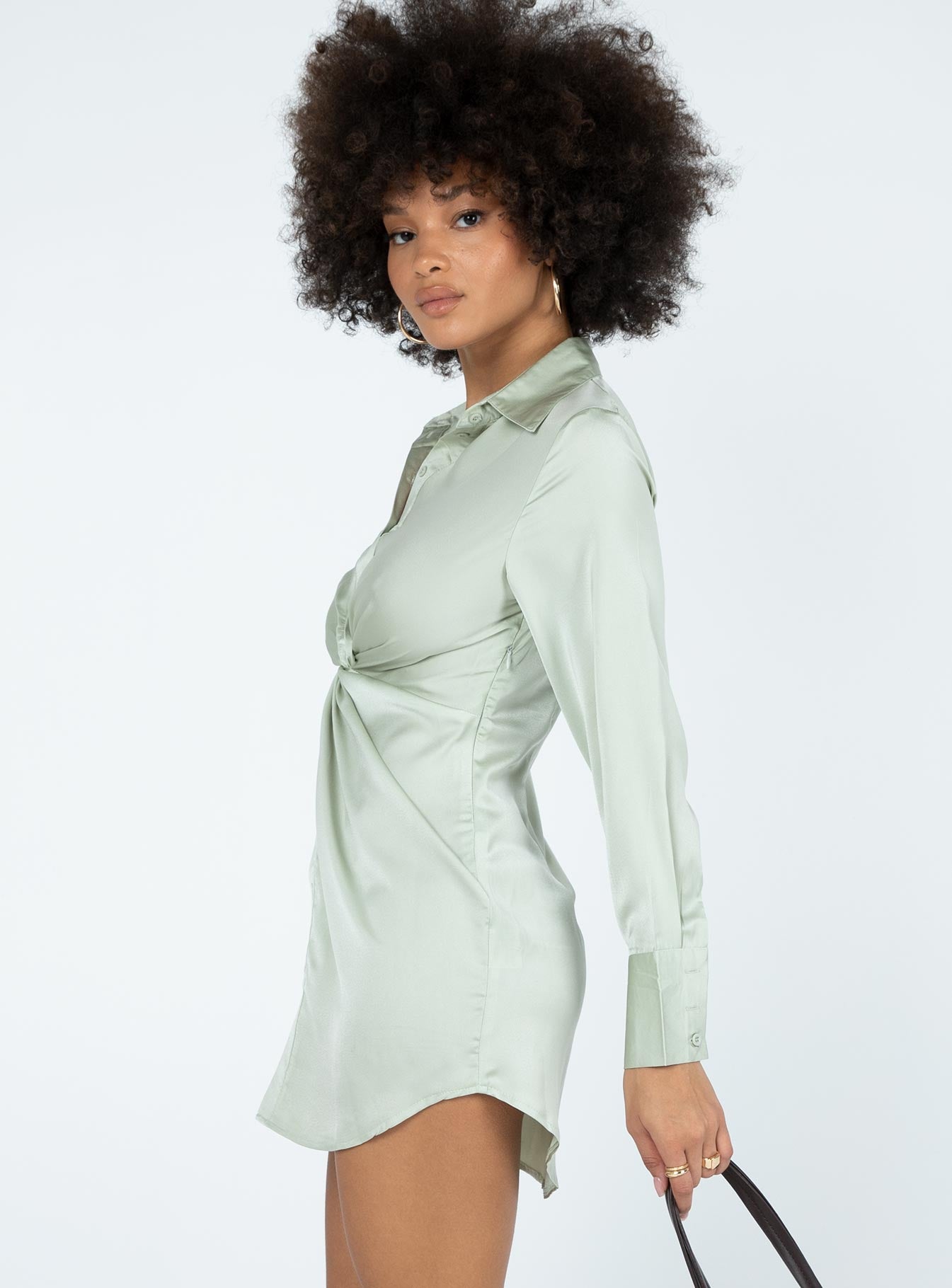 side view of model wearing Princess Polly Sari Mini Dress Green 