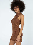 side view of model wearing Princess Polly Maceo Mini Dress Brown 