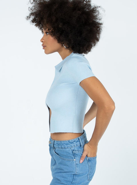 side view of model wearing Princess Polly Clayton Top Blue 