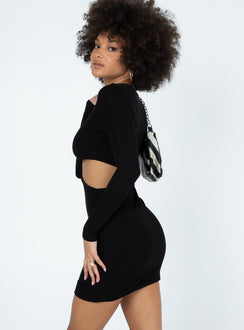 side view of model wearing Princess Polly Theodore Long Sleeve Mini Dress Black 