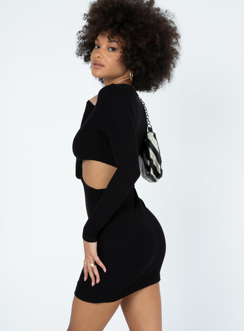 side view of model wearing Princess Polly Theodore Long Sleeve Mini Dress Black 