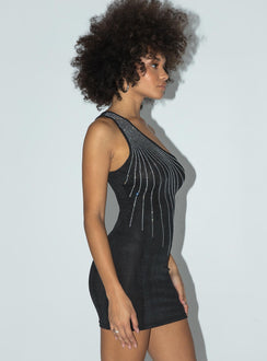 side view of model wearing Princess Polly Motel Mandan Dress Crepe Black Hotfix Diamante 