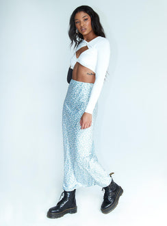   side view of model wearing Princess Polly Adah Maxi Skirt Beige 