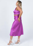   side view of model wearing Princess Polly Tyra Satin Midi Skirt Purple 