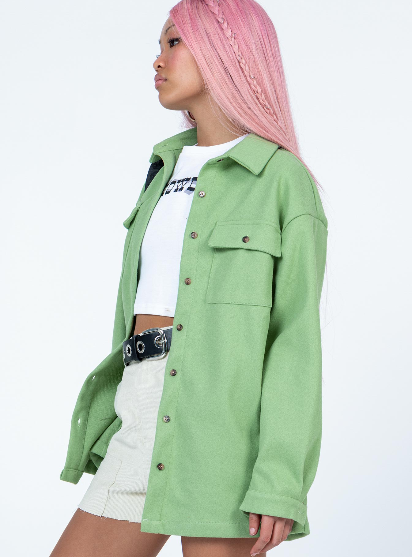 Green shacket button up breast pockets collared