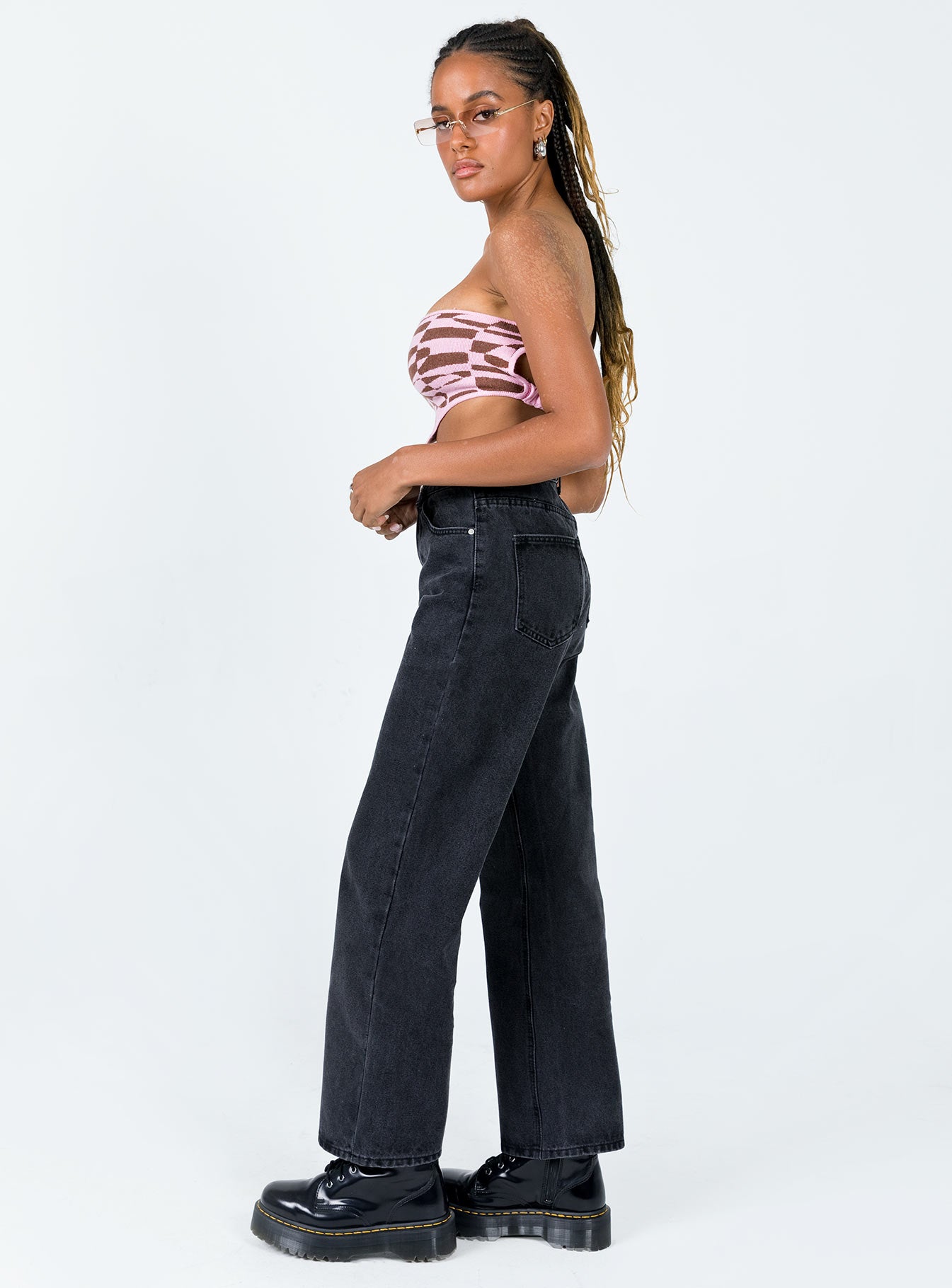 side view of model wearing Princess Polly Henley Denim Jeans Black High Waisted 