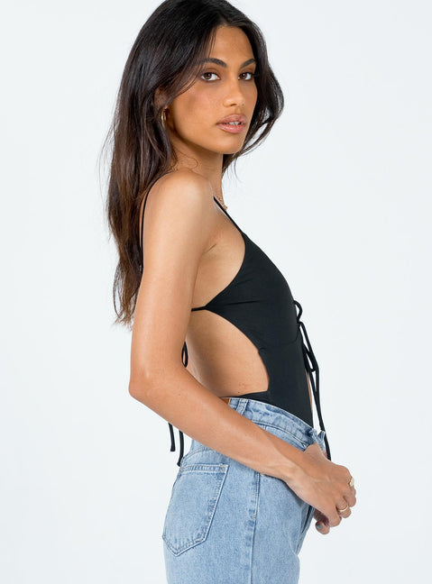 side view of model wearing Princess Polly Shaylin Bodysuit Black Sleeveless Plunger 