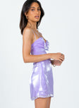 side view of model wearing Princess Polly Twirl Mini Dress Purple 