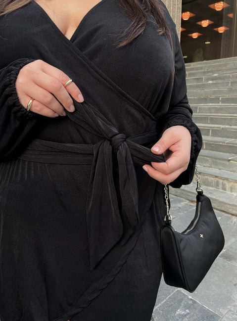 front view of model wearing Princess Polly Party Time Mini Dress Black Curve 