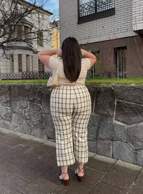 back view of model wearing Princess Polly Euros Pants Yellow Check Curve 