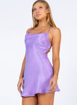 side view of model wearing Princess Polly Celena Mini Dress Purple 