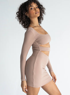 side view of model wearing Princess Polly Taurus Mini Dress Beige 