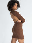 side view of model wearing Princess Polly Zion Long Sleeve Mini Dress Brown 