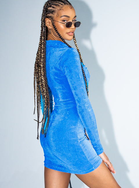 side view of model wearing Princess Polly Valerie Mini Dress Blue 