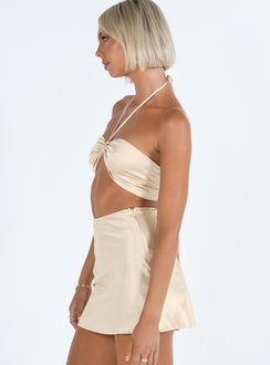 Two piece set Silky material Halter neck crop top Back tie fastening High waisted mini skirt Invisible zip fastening at side