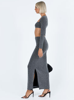 Matching set Sparkly material Long sleeve top Square neckline Maxi skirt Leg slit