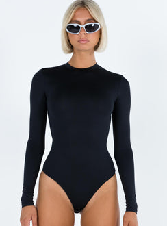 front view of model wearing Princess Polly Tarrick High Neck Bodysuit Black Full Sleeves High Neck 