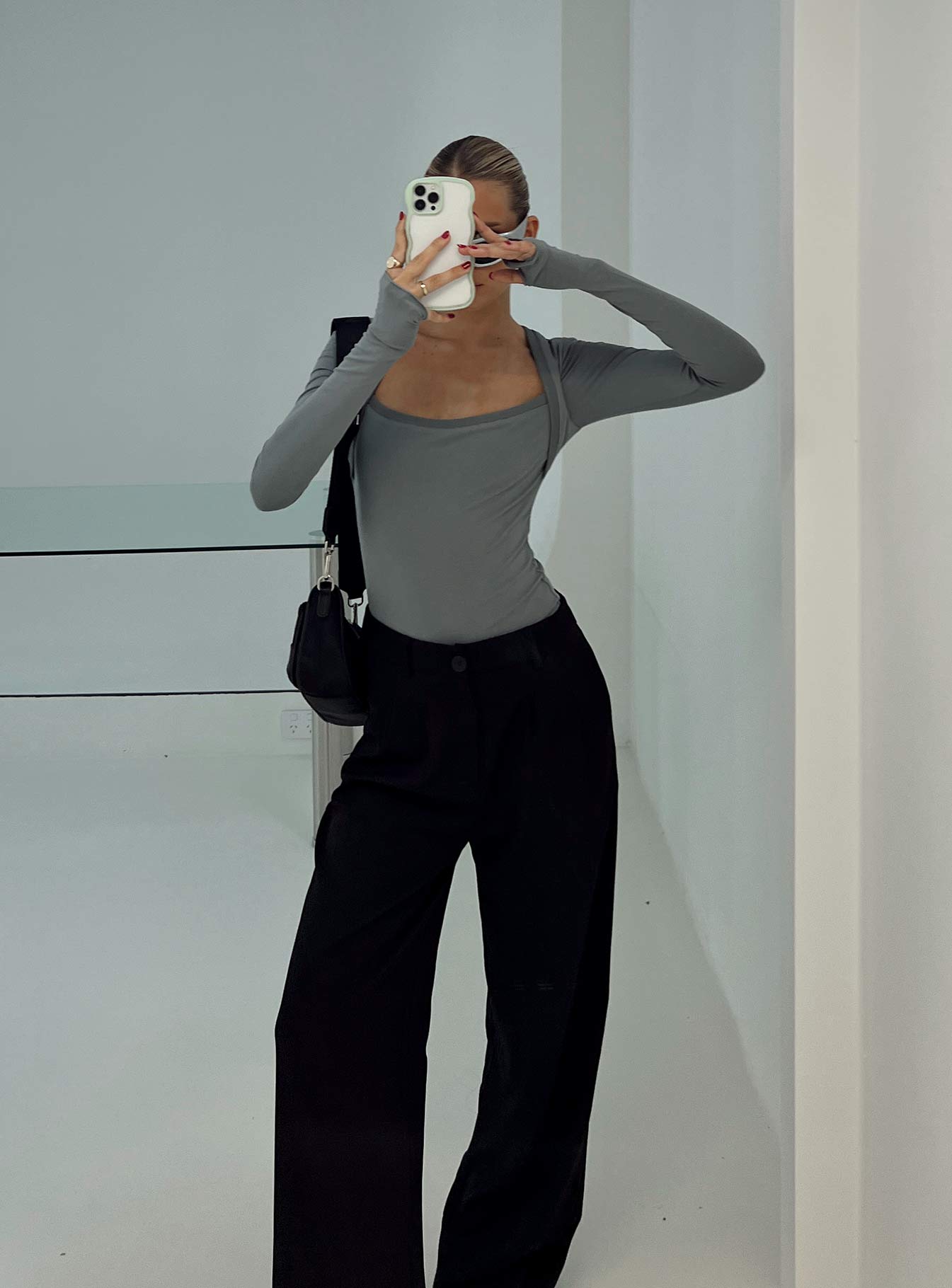 front view of model wearing Princess Polly Kentwell Bolero Bodysuit Slate Full Sleeves 