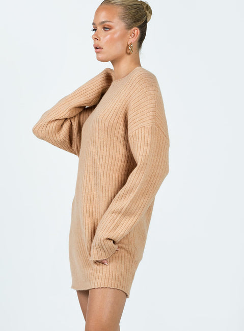 Front view of model wearing  front Princess Polly V-Neck  Alivia Sweater Dress Beige