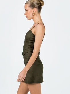 Matching set Corset top Adjustable shoulder straps Hook & eye fastening at front Boning throughout Zip fastening at back Curved hem Mini skirt Invisible zip fastening at back