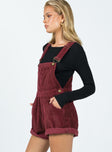 Overalls Cord material Button sides Twin hip & back pockets Large front pocket Fixed rolled hem Adjustable straps