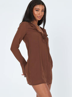 side view of model wearing Princess Polly Theo Mini Dress Brown 