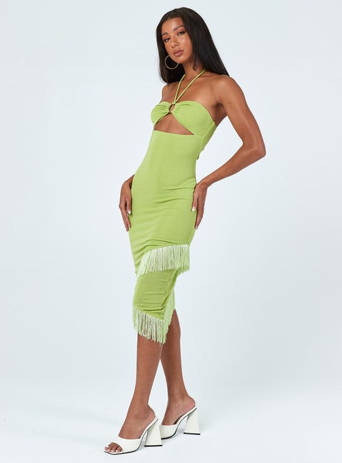 back view of model wearing Princess Polly Tropicana Midi Dress Green 