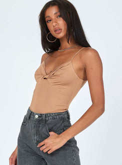 side view of model wearing Princess Polly Tonia Bodysuit Brown Sleeveless V-Neck 