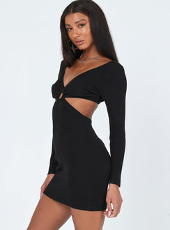 side view of model wearing Princess Polly Lucia Cut Out Mini Dress Black 