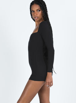 Black long sleeve playsuit Ribbed material Square neckline Invisible zip fastening at back Good stretch