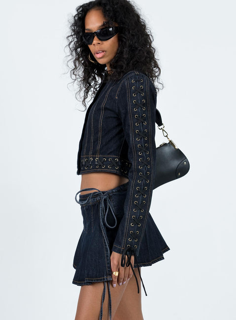 Front view of model wearing  front Camelia Pleat Mini Dark Denim Princess Polly  Mini Skirts 