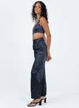 Matching set Soft silky material Crop top Fixed straps Invisible zip fasting at side High waisted pants Wide relaxed leg Belt loops at waist Zip & button fastening Lined top