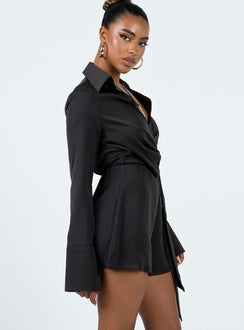 Playsuit Classic collar Plunging neckline Wrap style design with tie fastening Long sleeves Invisible zip fastening at side