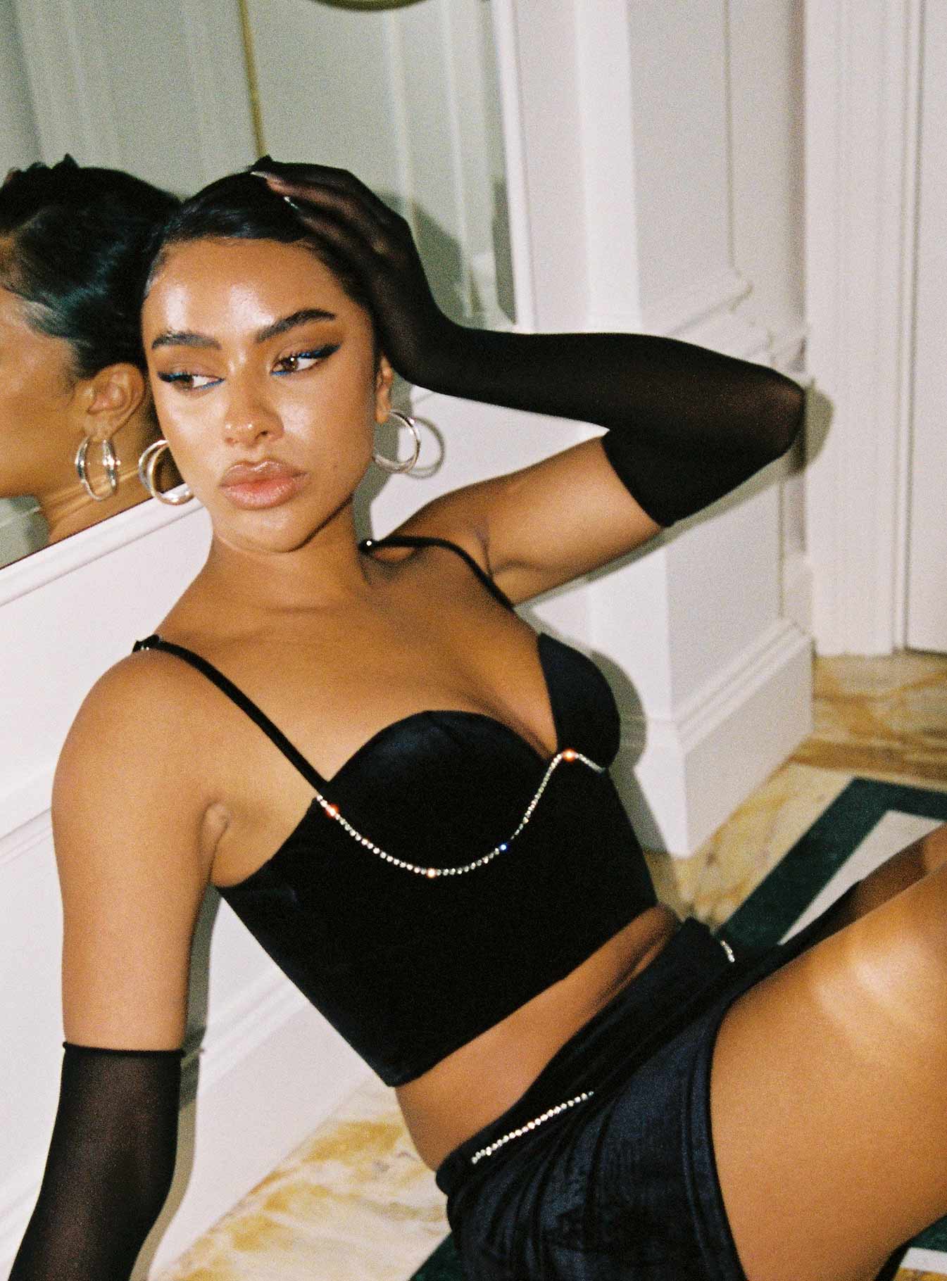 product Princess Polly Three Fourth Sleeves Asymmetric Neckline  Claude Rhinestone Top Black