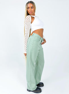side view of model wearing Princess Polly Lester Mom Jeans Sage Green Mid Rise 