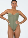 front view of model wearing Princess Polly Marishka Bodysuit Khaki Sleeveless Sweetheart 