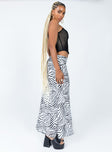   side view of model wearing Princess Polly Ziggy Maxi Skirt Black / White Maxi 