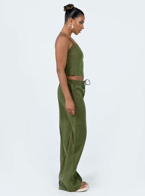 Two piece set Cupro material Adjustable shoulder straps on top Wide leg pants Elasticated waistband with tie fastening