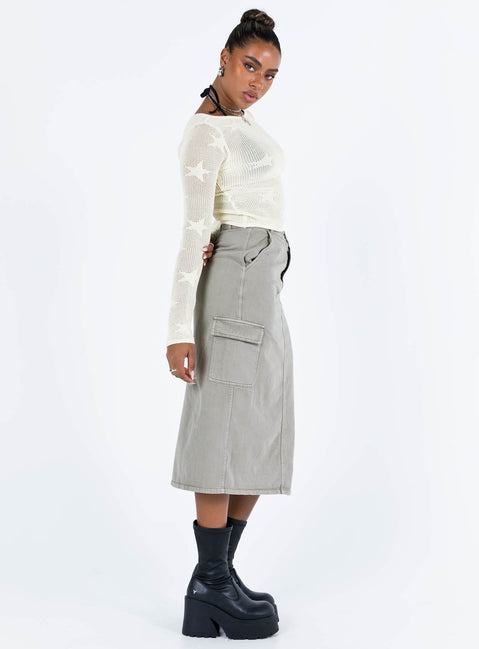 Front view of model wearing  front Jacko Midi Cargo Skirt Olive Green Princess Polly  Midi Skirts 