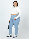 Front view of model wearing  front Princess Polly High Waisted Pants High Waisted Pants High Waisted Pants High Waisted Pants  Girona Denim Jeans Blue Curve