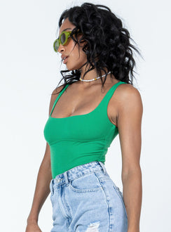 side view of model wearing Princess Polly Crosby Bodysuit Green Sleeveless 