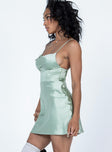 side view of model wearing Princess Polly Myah Mini Dress Green Cowl Neck 