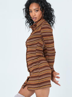side view of model wearing Princess Polly Dalton Long Sleeve Mini Dress Brown Multi 
