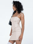 side view of model wearing Princess Polly Theresa Mini Dress Beige Square Neck 